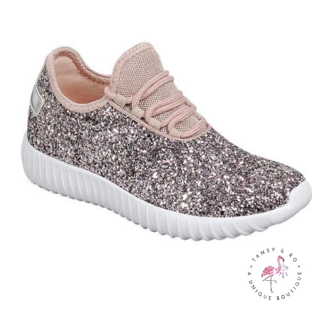 Girls Glitter Tennis Shoes Rose Gold Pink